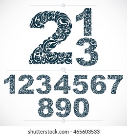 Floral numerals, hand-drawn vector numbers decorated with botanical pattern. Monochrome ornamental numeration, digits made in vintage design.