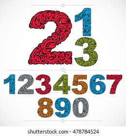 Floral numerals, hand-drawn vector numbers decorated with botanical pattern. Colorful ornamental numeration, digits made in vintage design.