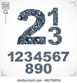 Floral numerals, hand-drawn vector numbers decorated with botanical pattern. Monochrome ornamental numeration, digits made in vintage design.