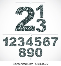 Floral numerals, hand-drawn vector numbers decorated with botanical pattern. Monochrome ornamental numeration, digits made in vintage design.