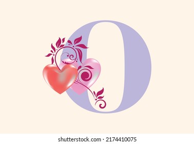 Floral O monogram letter with heart sign. Initial alphabet with botanical elements.
