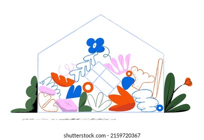 Floral objects in a minimalistic style. Flower shapes. Illustration of a house with flower buds and petals. Botanical linear figures