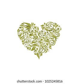Floral olive heart shape on white background