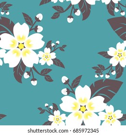 Floral on green mint background. Seamless vector pattern.