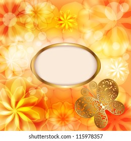 Floral orange background with butterfly and place for your text