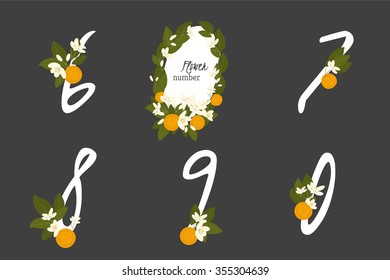 Floral orange collection numbers in vintage color. Six, seven, eight, nine, zero- signs vector