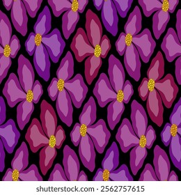 Floral orchid seamless pattern. Abstract clematis flowers isolated design element. Purple fuchsia flower element on black background. Fantasy repetitive vector ornament for decor clothes, home.