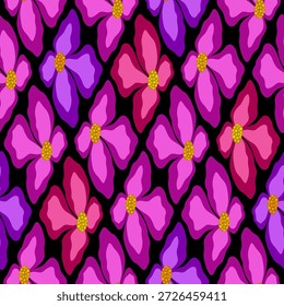 Orquídea floral padrão sem costura. Elemento de design de flores de clematis. Flores violeta roxo brilhante no fundo preto. Fantasia ornamento vetor repetitivo para roupas de decoração, casa.