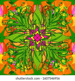 Floral organic background. Of leaves pattern on orange, green and yellow background. Cute leaves on orange, green and yellow colors. Vector illustration. Vector illustration. Hand drawn leaf texture.