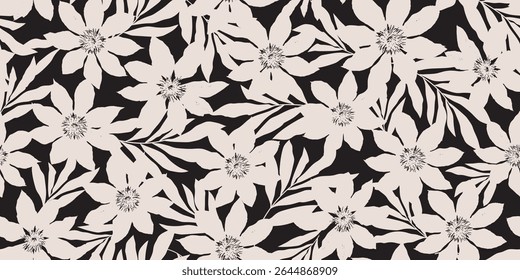 Floral organic shape with seamless background. Simple abstract floral pattern. Modern printing in black and white. Ideal for textile design, wallpaper, cards, posters and decoration.