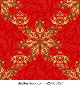 Floral oriental decor. Ornate golden pattern for design. Vector seamless texture in Eastern style. Ornament for invitations, birthday, greeting cards, web pages. Luxury wallpaper on red.