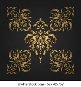 Floral oriental decor. Ornate golden pattern for design. Luxury wallpaper on gray. Vector seamless texture in Eastern style. Ornament for invitations, birthday, greeting cards, web pages.