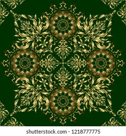 Floral oriental decor. Vector seamless texture in Eastern style. Ornate golden pattern for design. Luxury wallpaper on green. Ornament for invitations, birthday, greeting cards, web pages.