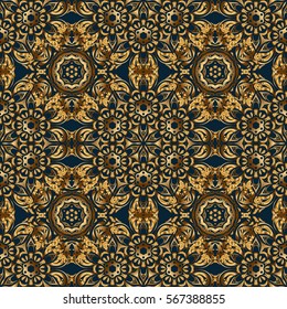 Floral oriental decor. Vector seamless texture in Eastern style. Luxury wallpaper on blue. Ornament for invitations, birthday, greeting cards, web pages. Ornate golden pattern for design.