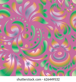 Floral oriental decor. Vector seamless texture in Eastern style. Ornament for invitations, birthday, greeting cards, web pages. Ornate multicolored pattern for design. Luxury wallpaper on pink.