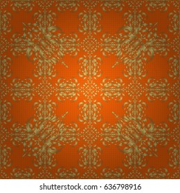 Floral oriental decor. Vector seamless texture in Eastern style. Luxury wallpaper on orange. Ornament for invitations, birthday, greeting cards, web pages. Ornate golden pattern for design.
