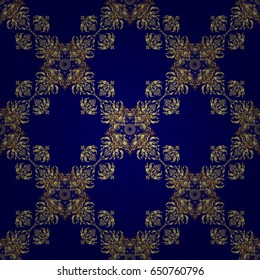 Floral oriental decor. Vector seamless texture in Eastern style. Luxury wallpaper on blue. Ornament for invitations, birthday, greeting cards, web pages. Ornate golden pattern for design.