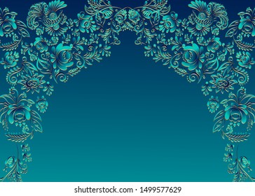 Floral oriental ethnic frame, vector illustration. Arabic blue ornament with fantastic flowers and leaves. Wonderland motives of the paintings of ancient Indian fabric floral patterns.