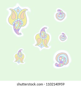 Floral oriental pattern, abstract  spots, dashed  lines, tags. Hand drawn.