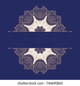 Floral oriental pattern. Beautiful Mandala. Vintage decorative element. Ethnic round ornament on blue. Template of invitation or card. Vector illustration