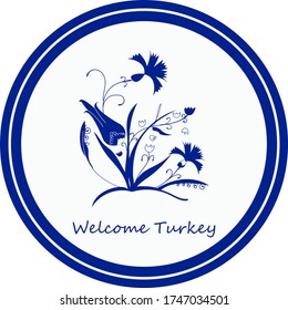 Floral oriental pattern in round frame with title "Welcome Turkey". Vector