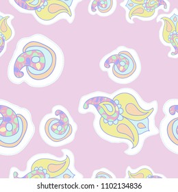 Floral oriental seamless  pattern, abstract  spots, dashed  lines, tags. Hand drawn.
