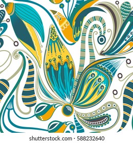 Floral oriental seamless pattern. Hand drawn creative flower. Colorful artistic background with blossom. It can be used for wallpaper, textiles, wrapping, card. Vector illustration, eps10