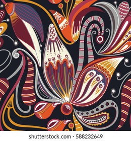 Floral oriental seamless pattern. Hand drawn creative flower. Colorful artistic background with blossom. It can be used for wallpaper, textiles, wrapping, card. Vector illustration, eps10