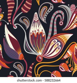 Floral oriental seamless pattern. Hand drawn creative flower. Colorful artistic background with blossom. It can be used for wallpaper, textiles, wrapping, card. Vector illustration, eps10