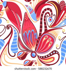 Floral oriental seamless pattern. Hand drawn creative flower. Colorful artistic background with blossom. It can be used for wallpaper, textiles, wrapping, card. Vector illustration, eps10
