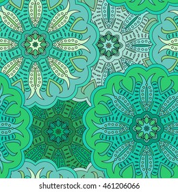 Floral oriental seamless pattern made of many mandalas. Background in green colors. Vector illustration in eastern style. Wrapper or napkin.