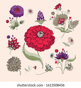 Floral original pattern in vintage style, individual elements. Traditional floral pattern for fabric, wallpapers and backgrounds. Ornamental garden Flowers and leaves.