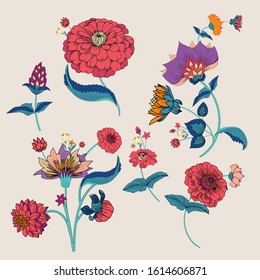 Floral original pattern in vintage style, individual elements. Traditional floral pattern for fabric, wallpapers and backgrounds. Ornamental garden Flowers and leaves.