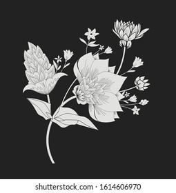 Floral original pattern in vintage style, individual elements. Black and white, monochrome. Traditional floral pattern for fabric, wallpapers and backgrounds. Ornamental garden Flowers and leaves.