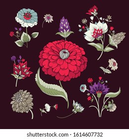 Floral original pattern in vintage style, individual elements. Traditional floral pattern for fabric, wallpapers and backgrounds. Ornamental garden Flowers and leaves.