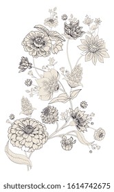 Floral original pattern in vintage style, individual elements. Black and white, monochrome. Traditional floral pattern for fabric, wallpapers and backgrounds. Ornamental garden Flowers and leaves.