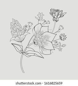 Floral original pattern in vintage style, individual elements. Black and white, monochrome. Traditional floral pattern for fabric, wallpapers and backgrounds. Ornamental garden Flowers and leaves.