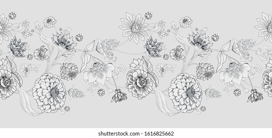 Floral original pattern in vintage style, individual elements. Black and white, monochrome. Traditional floral pattern for fabric, wallpapers and backgrounds. Ornamental garden Flowers and leaves.