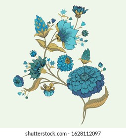 Floral original pattern in vintage style, individual elements. Traditional floral pattern for fabric, wallpapers and backgrounds. Ornamental garden Flowers and leaves.