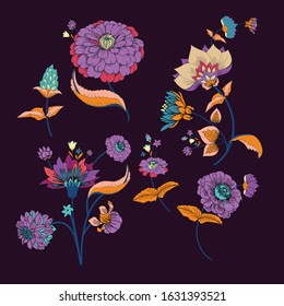 Floral original pattern in vintage style, individual elements. Traditional floral pattern for fabric, wallpapers and backgrounds. Ornamental garden Flowers and leaves.