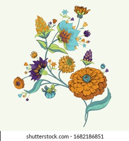 Floral original pattern in vintage style, individual elements. Traditional floral pattern for fabric, wallpapers and backgrounds. Ornamental garden Flowers and leaves.