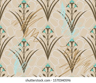 Floral ornament with abstract geometric oval shapes. Flat vector flowers seamless pattern. Paving stone outline.  Fashion design for wallpaper, fabric, textile, wrapping, surface, paper.