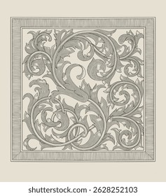 floral ornament with antique frame, Vintage engraving drawing style illustration
