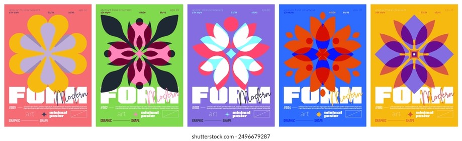 Floral ornament art colorful trendy poster, abstract geometric composition graphic in Y2K aesthetics, vector simple shapes acid print artwork modernism and minimalistic brutal style A4 format