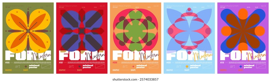 Floral ornament art colorful trendy poster, abstract geometric composition graphic in Y2K aesthetics, vector simple shapes acid print artwork modernism and minimalistic brutal style A4 format set 2