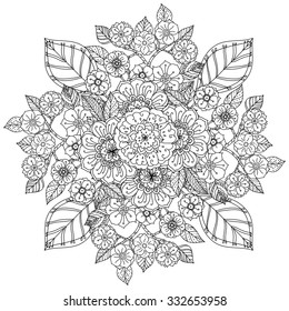 Floral ornament. Art mandala style.  Black and white background. Could be use  for coloring book  in zentangle style. 