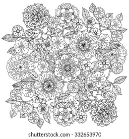 Floral ornament. Art mandala style.  Black and white background. Could be use  for coloring book  in zentangle style. 