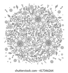 Floral ornament. Art mandala style. Black and white background. Could be use for coloring book in zentangle style.