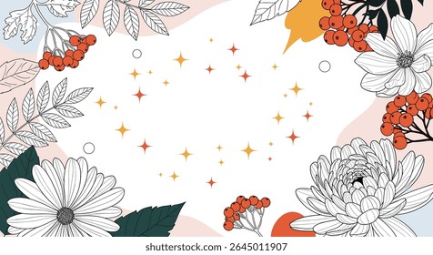 Floral Ornament in Autumn Colors with Leaves and Berries Around Copy Space