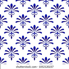 Floral ornament backdrop damask style, blue and white ceramic tile seamless, cute porcelain background, beautiful pattern design for ceiling, texture, wall, paper and fabric, vector illustration